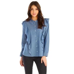 Mud Pie Chambray Blouse Medium Ruffle 100% Cotton Long Sleeve Lightweight Top